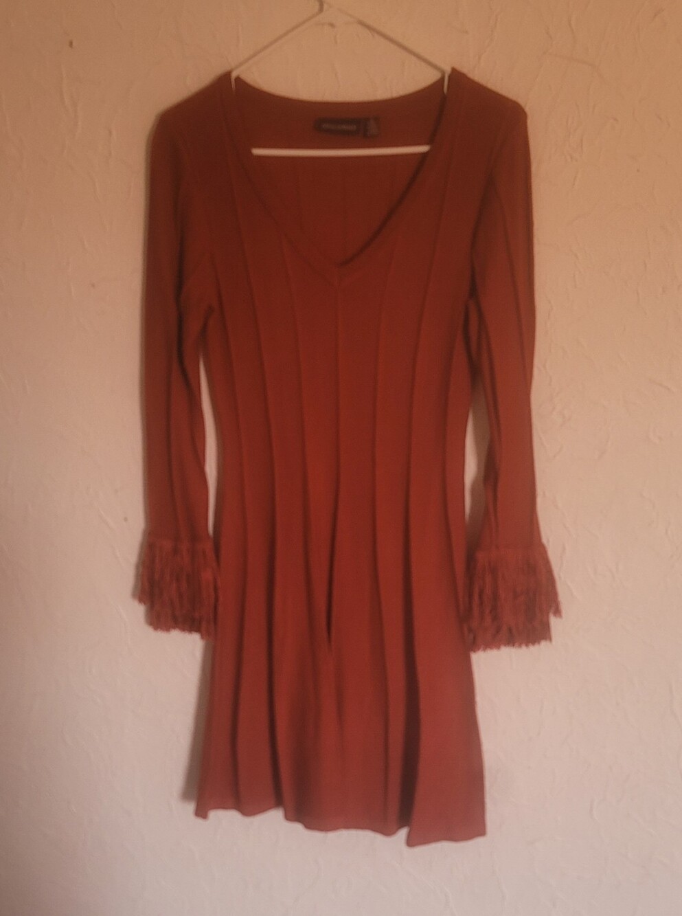 Nina Leonard Rust Knit Fit-and-Flare Dress with Fringe Sleeves - Picture 8 of 9
